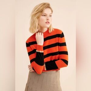 Pure Cashmere * NYC - Mockneck Orange and Black Striped Cashmere Sweater small